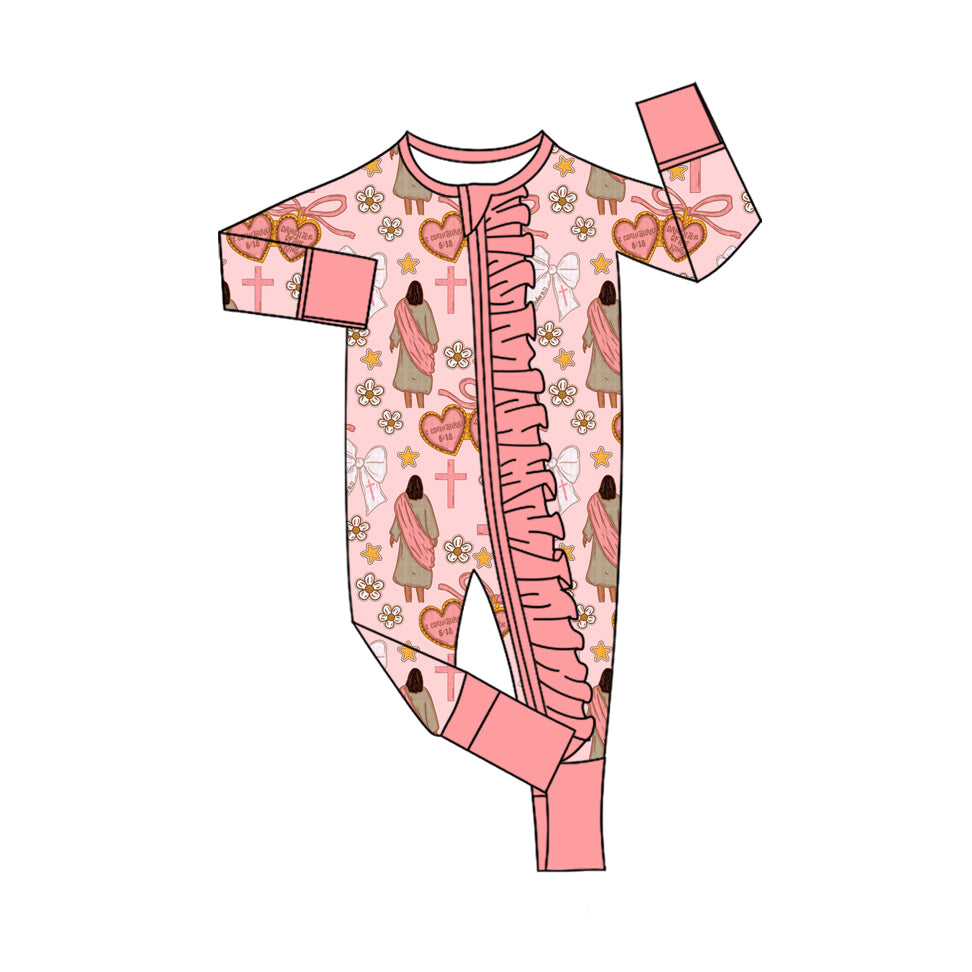 presale LR2697 Baby Girls Pink Nativity Crosses Christmas Ruffle Zipper Footie Rompers D 923