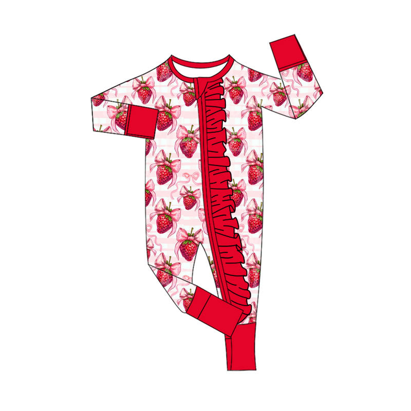 presale LR2723 Baby Girls Bows Strawberry Stripe Valentine Ruffle Zipper Footie Rompers D 925