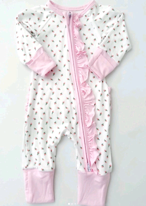 presale LR2724 Baby Girls Pink Flowers Plaid Ruffle Zipper Footie Rompers D 925