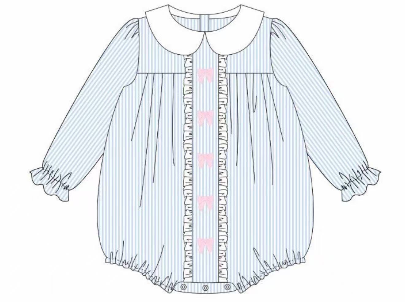 presale LR2726 Baby Girls Blue Stripe Bows Valentine Ruffle Rompers D 925