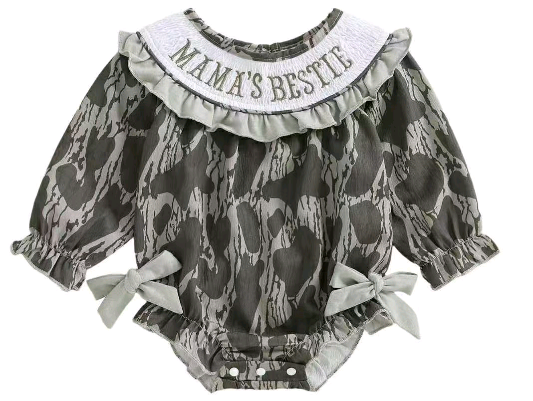 presale LR2727 Baby Girls Gray Camo Mamas Bestie Bows Western Ruffle Rompers D 925