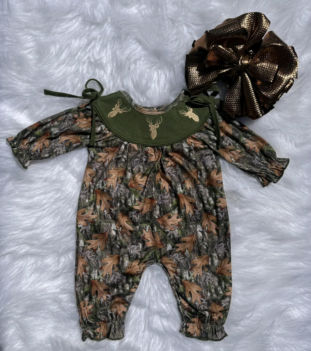 presale LR2730 Baby Girls Green Leaves Camo Deer Bows Western Ruffle Footie Rompers D 925
