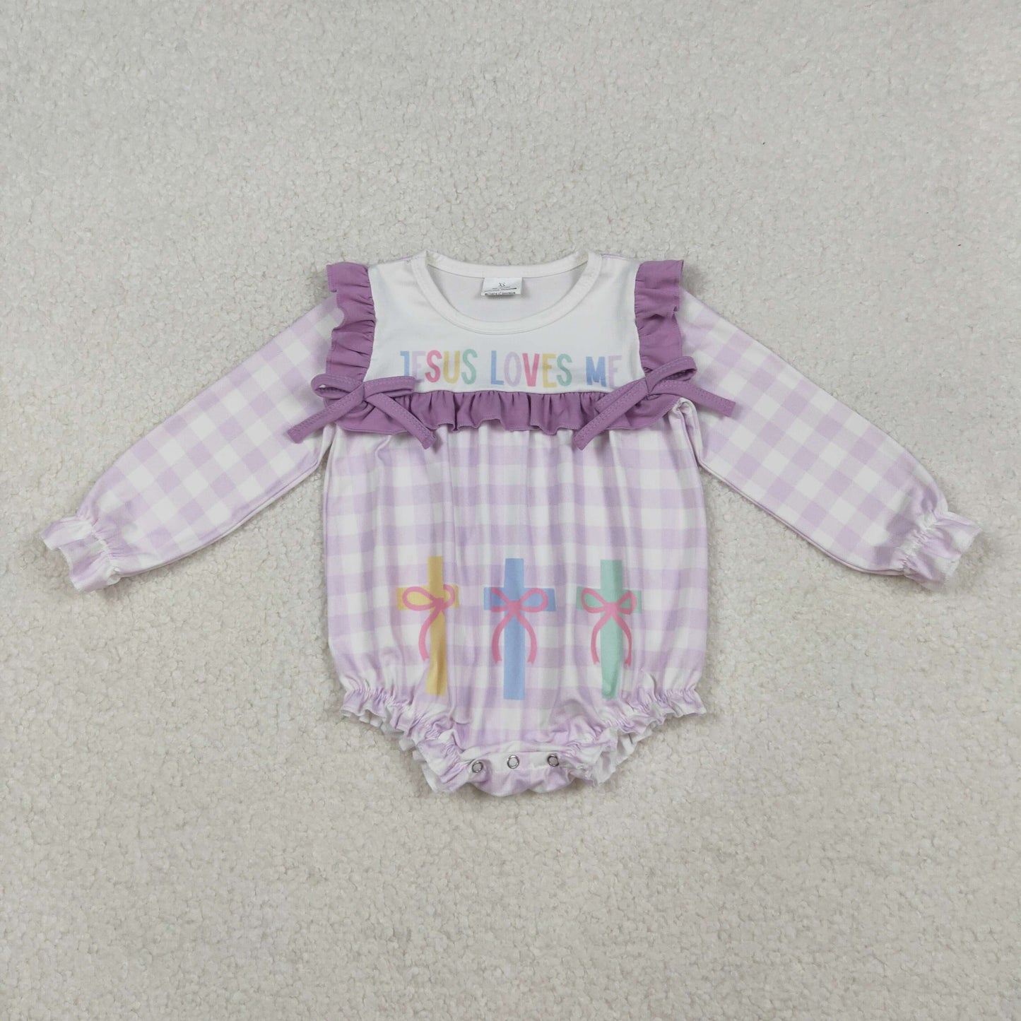 Sibling Baby Girls Lavender Checked Jesus Love Me Crosses Knee Length Dress Romper D 1027