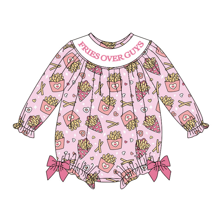 presale LR2768 Baby Girls Pink Hearts Chip Fries Over Guys Valentine Ruffle Bows Rompers D 1008