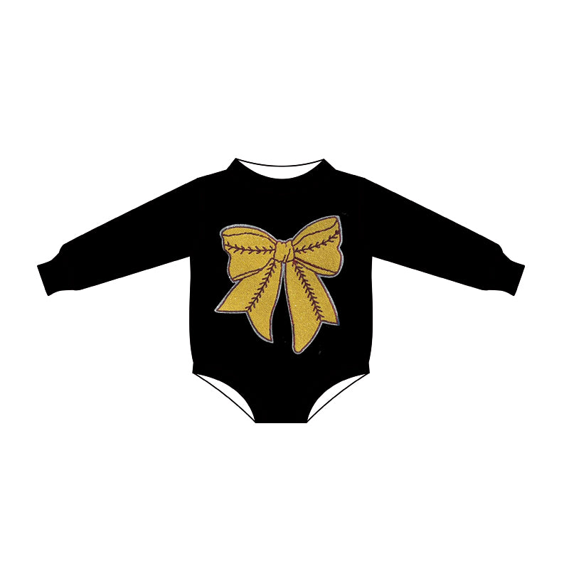 presale LR2774 Baby Girls Black Long Sleeve Gold Bows Rompers D 1013