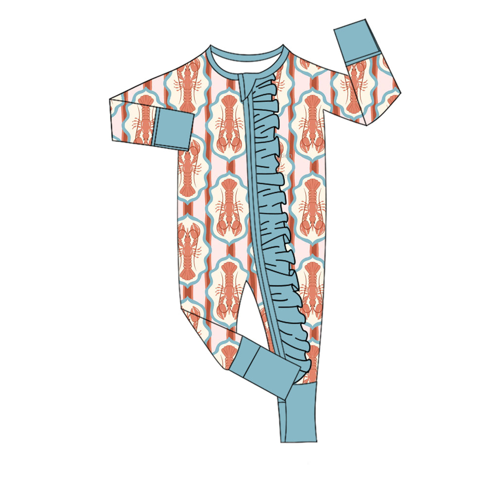 presale LR2788 Baby Girls Crayfishes Checked Ruffle Zipper Footie Rompers D 1014