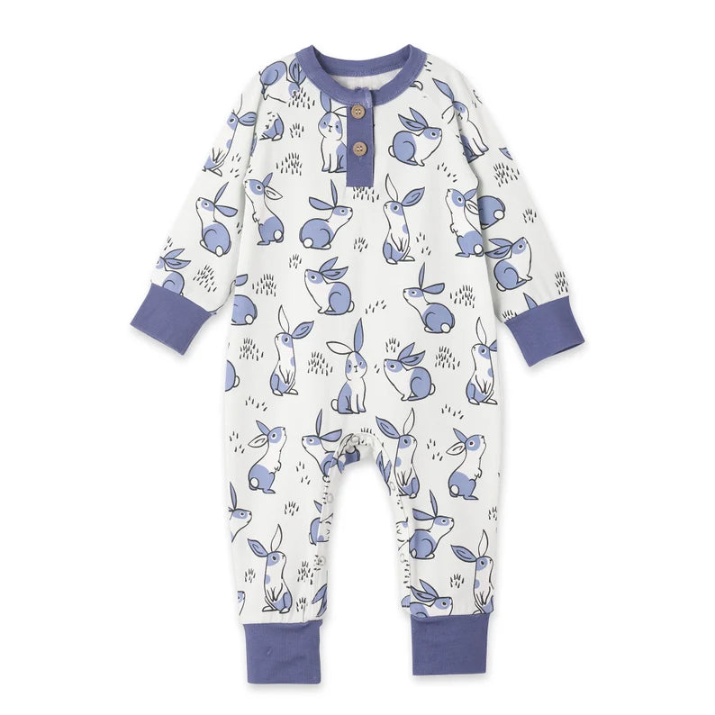 presale LR2851 Baby Boys Blue Rabbits Plaid Button Easter Footie Rompers D 1107
