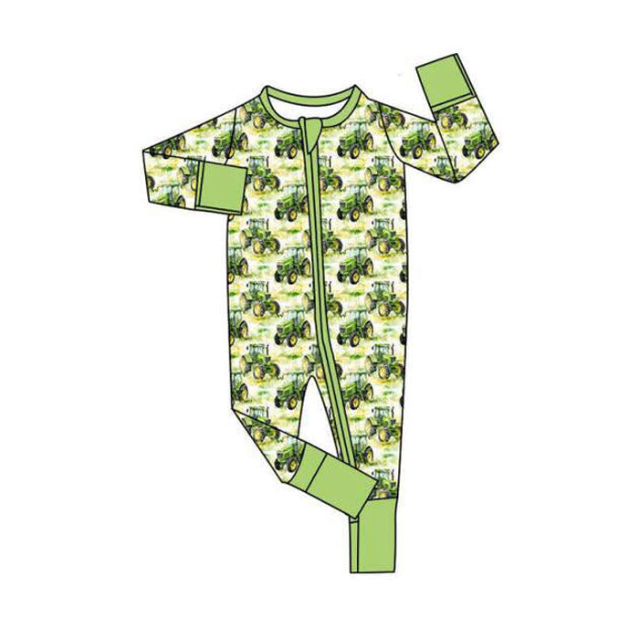 presale LR2870 Baby Boys Green Trucks Plaid Farm Zipper Footie Rompers D 1121