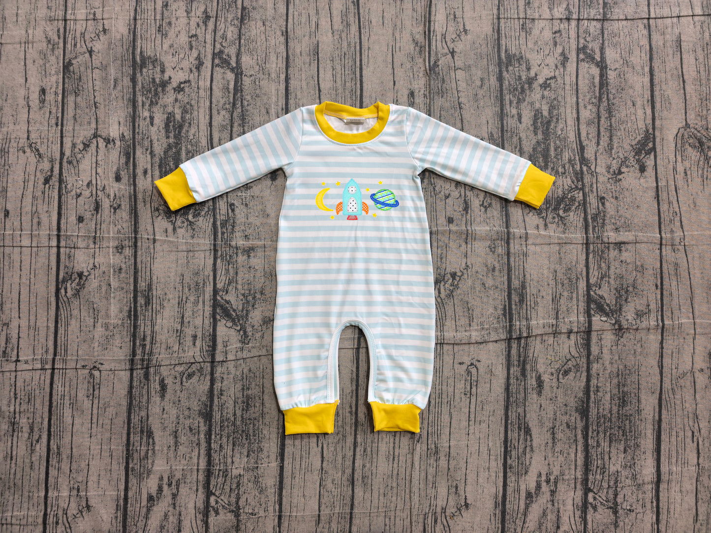 Pre order blue long sleeve outer space rocketship stars embroidery romper