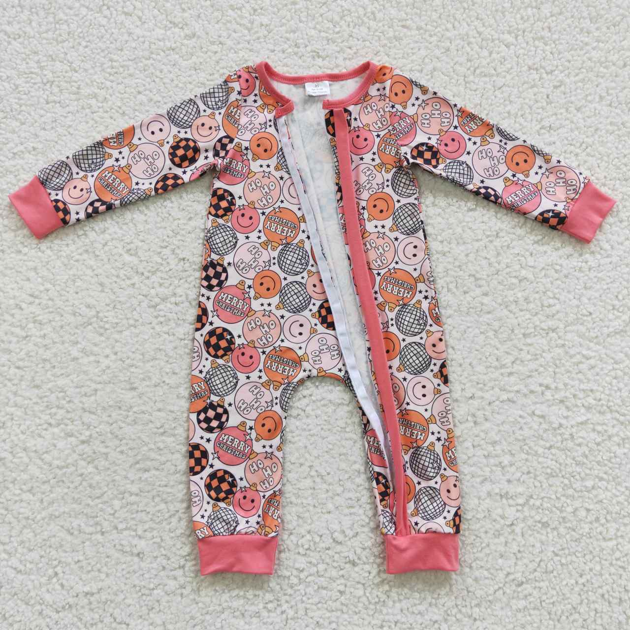 LR0297 merry christmas happy face ball pink zipper long-sleeved jumpsuit