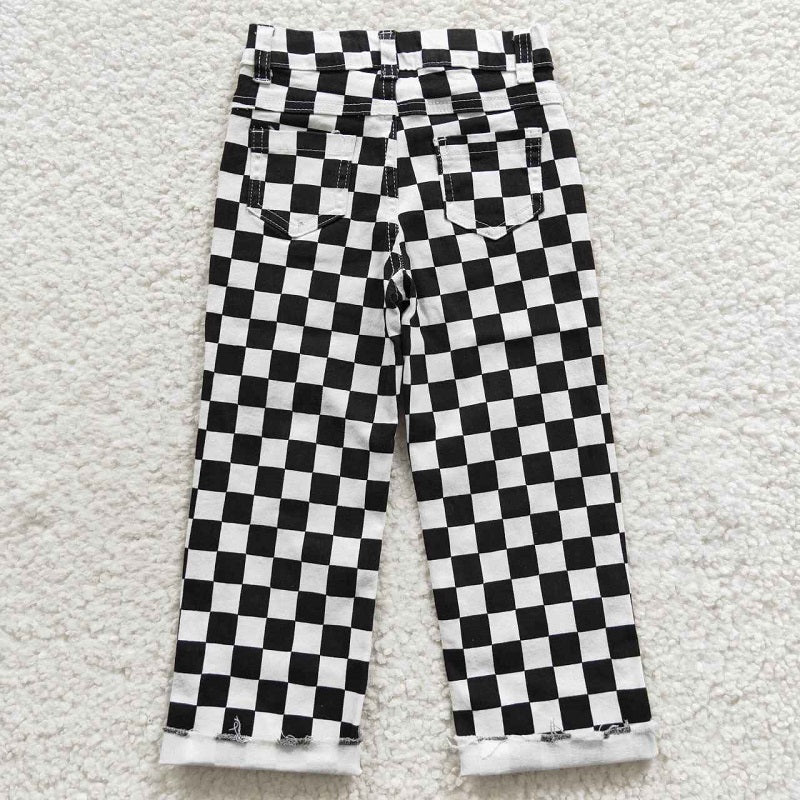 P0122 Black and white plaid ripped denim trousers D 3.31