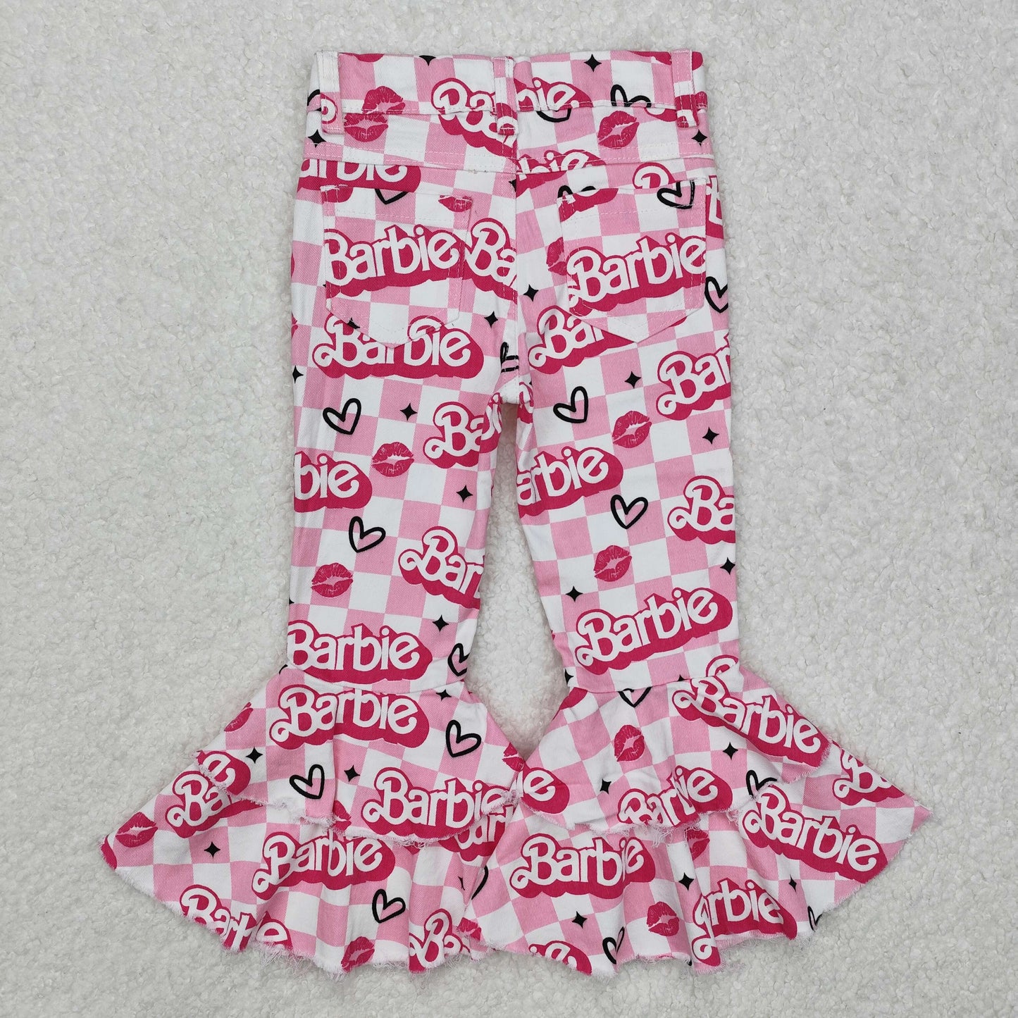 P0294 Pink letter love pink and white plaid denim trousers
