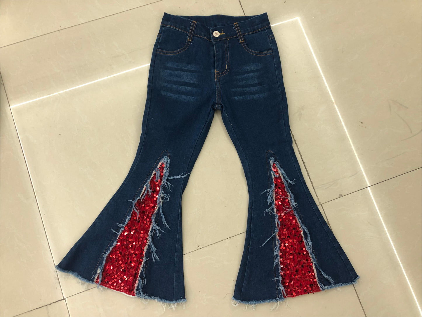 presale P0532 Red sequined dark denim trousers