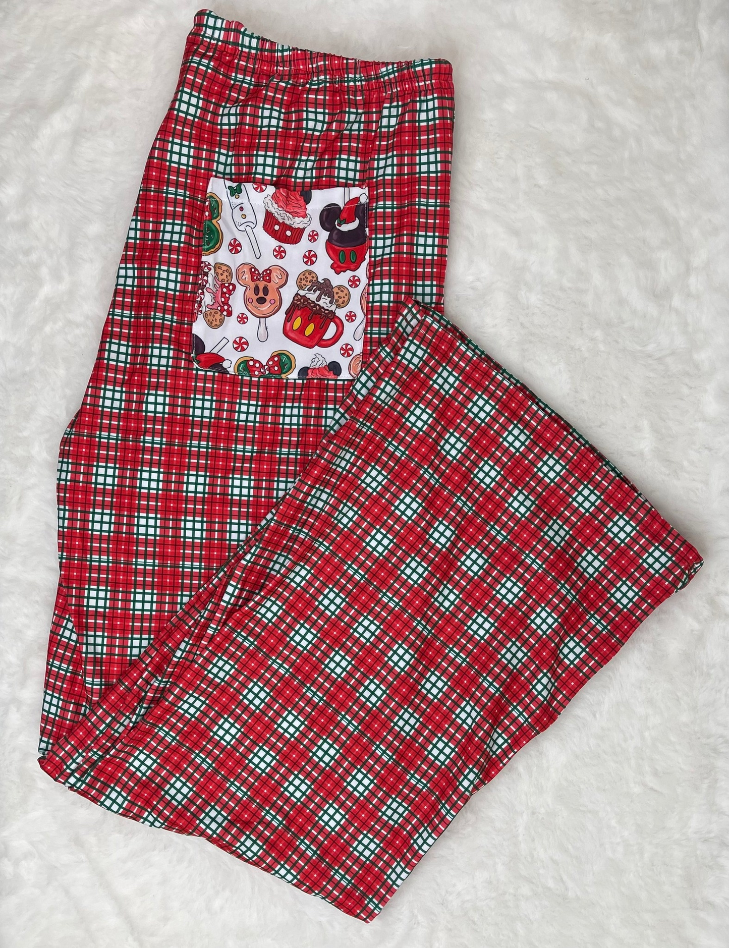 P0569 Adult Women Christmas Plaid Cartoon Pocket Bottom Pants Pajama