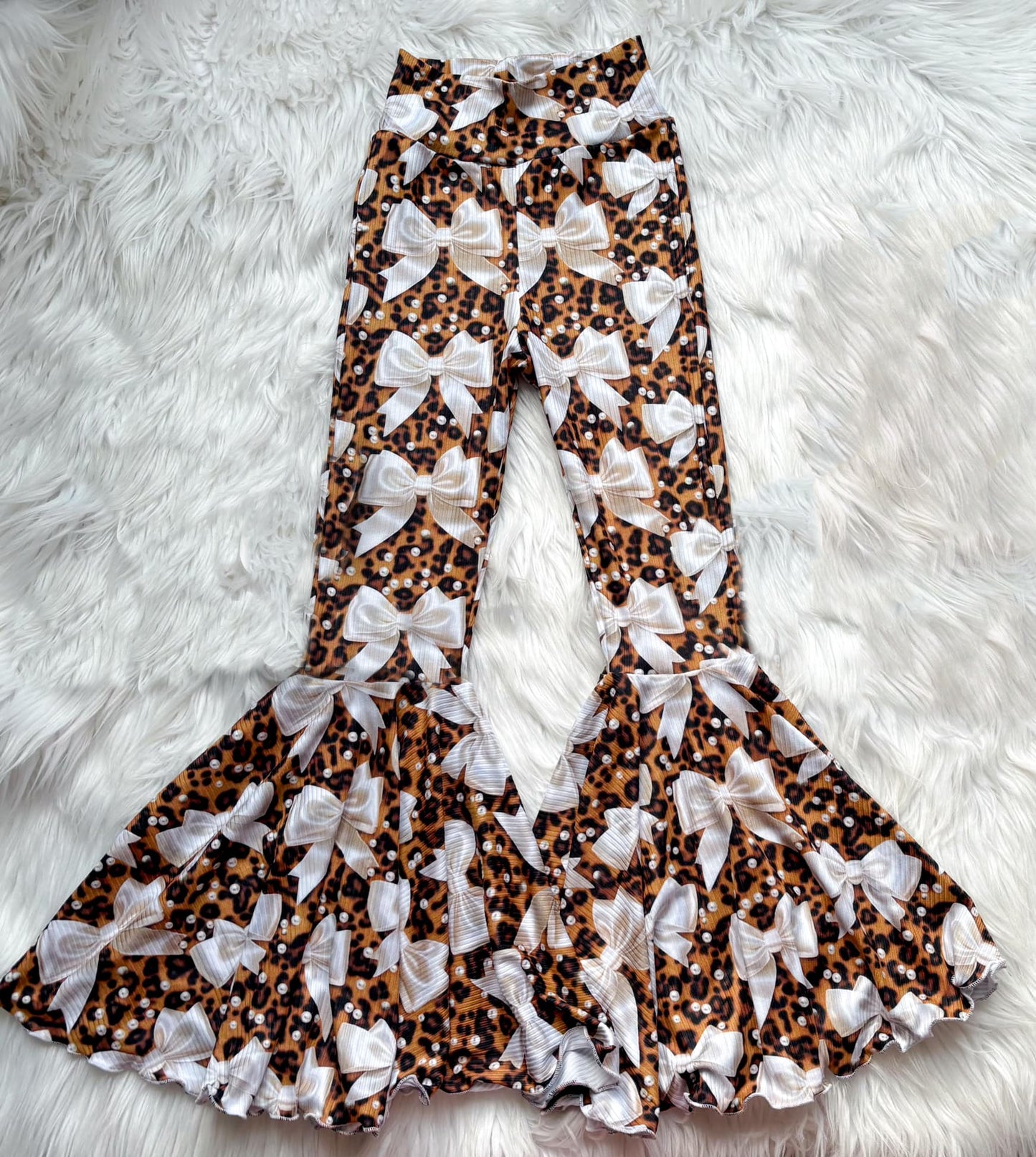 presale P0749 Adult Women Leopard Pearl Bows Bottom Bell Pants 2025 2.12