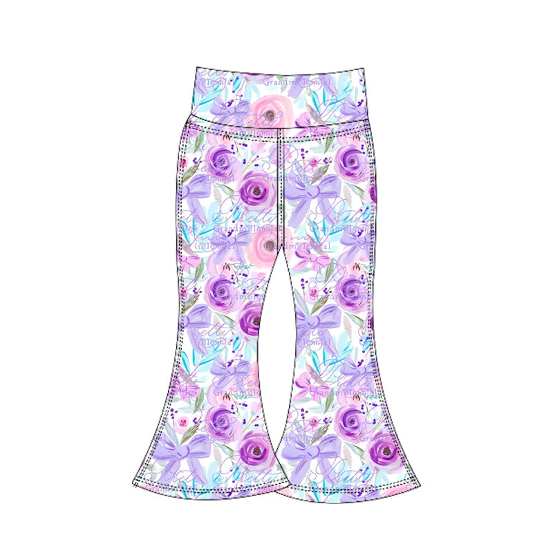 P0774 Baby Girls Purple Flower Bows Bell Bottom Yoga Pants D 926