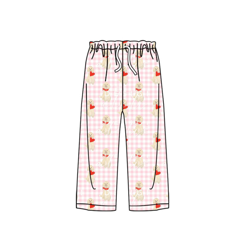 P0849 Adult Women Pink Checked Dogs Hearts Valentine Pants Bottom D 1022