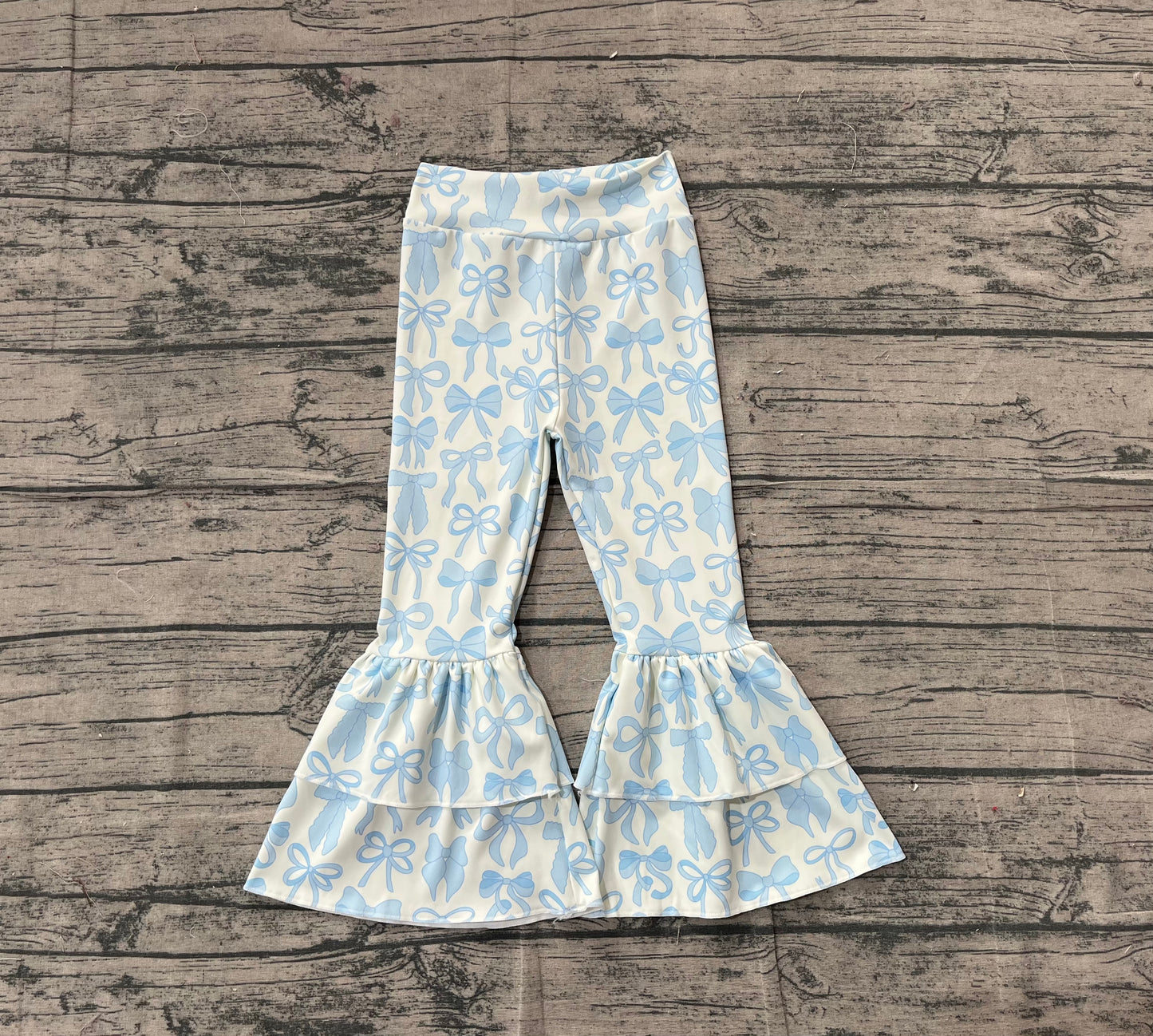 P0886 Baby Girls Blue Bows Plaid Yoga Bell Bottom Pants D 1203