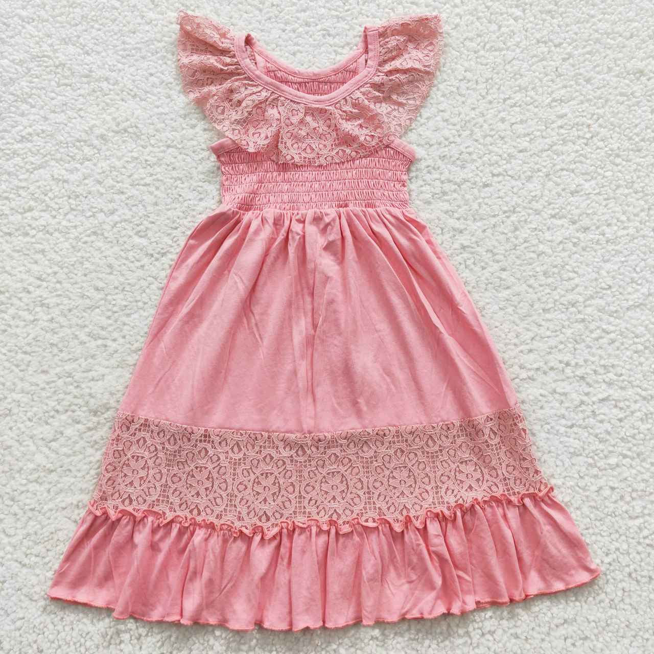 GSD0457 Lace pink smocked sleeveless dress