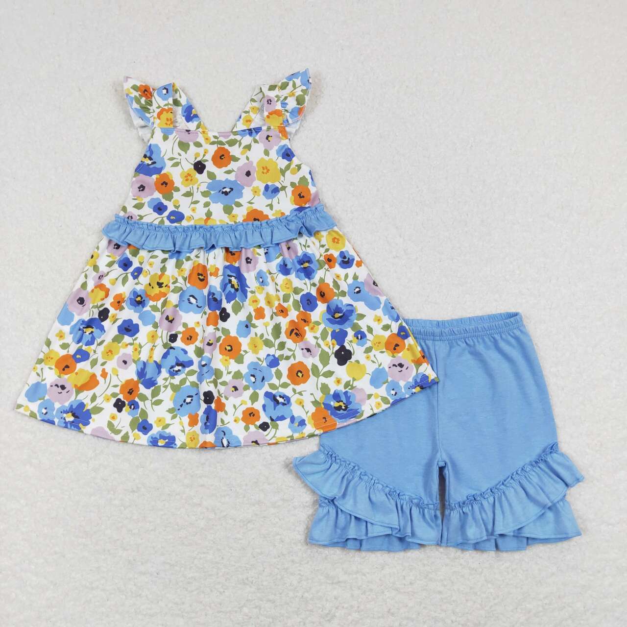 GSSO0494 Floral blue lace flying sleeve shorts suit
