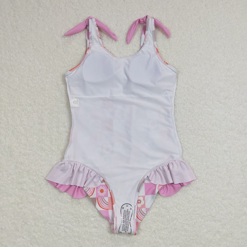 S0150 Happy flower rainbow pink and white plaid one-piece swimsuit