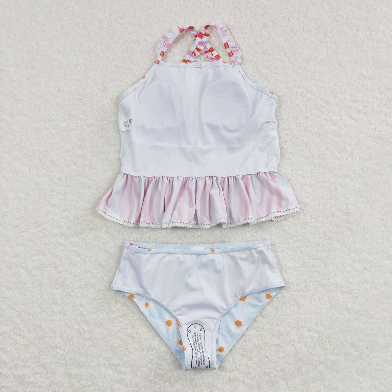 S0157 Small daisy flower red stripe light blue swimsuit suit