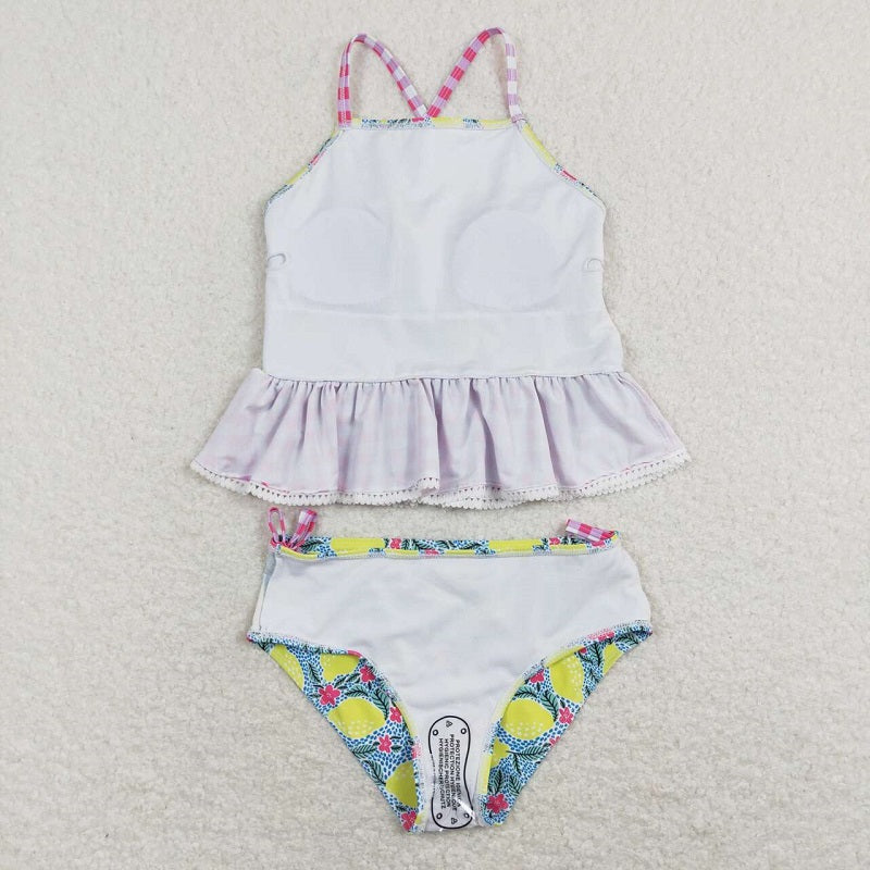 S0219 Lemon pink and white plaid lace swimsuit set