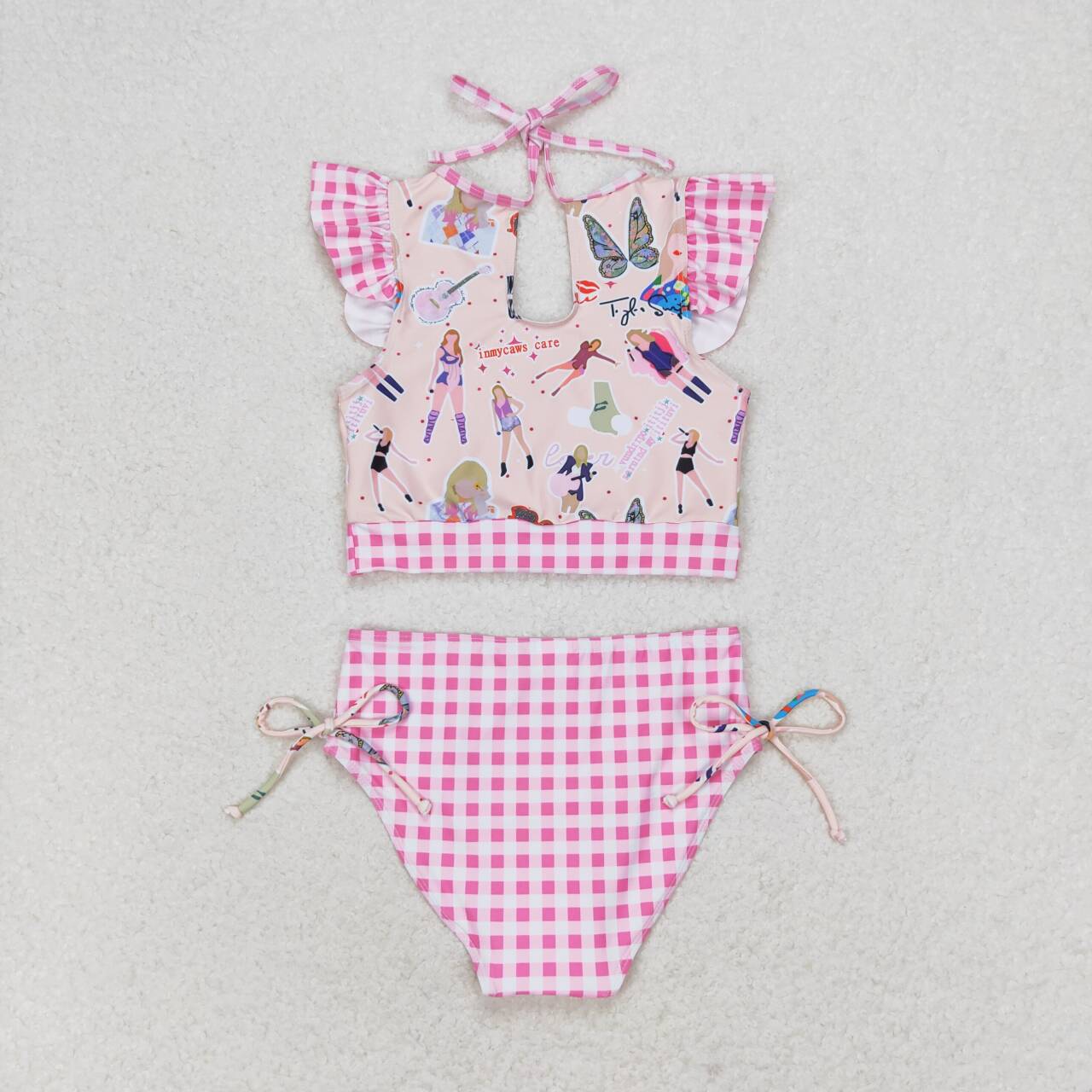 S0291 Rose Pink Plaid Swimsuit Set