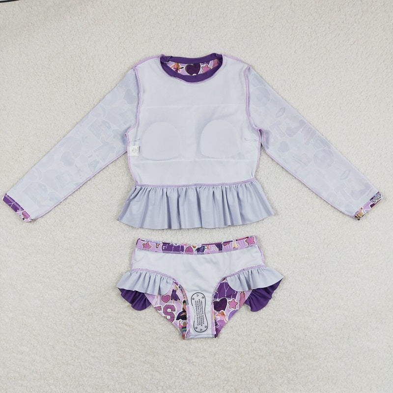 S0294 Rainbow Purple Lace Long Sleeve Swimsuit Set