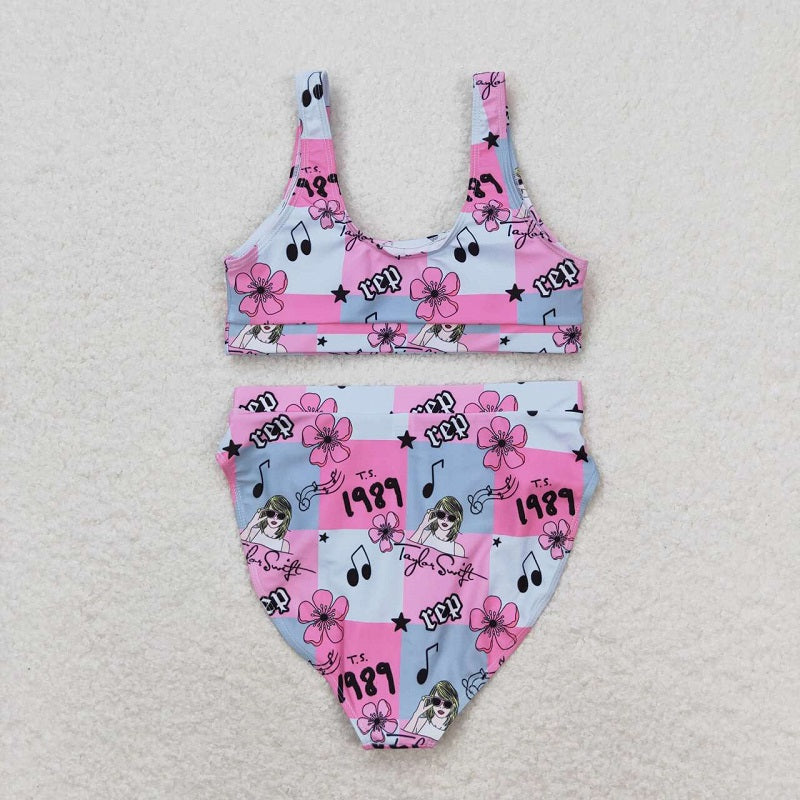 S0347 Adult female 1989 rep flower plaid pink swimsuit suit
