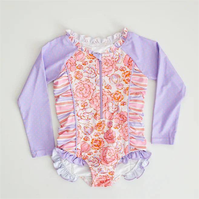 preorder S0354 Baby Girls Summer Purple Long Sleeve One-piece Swimsuit Beach Wear
