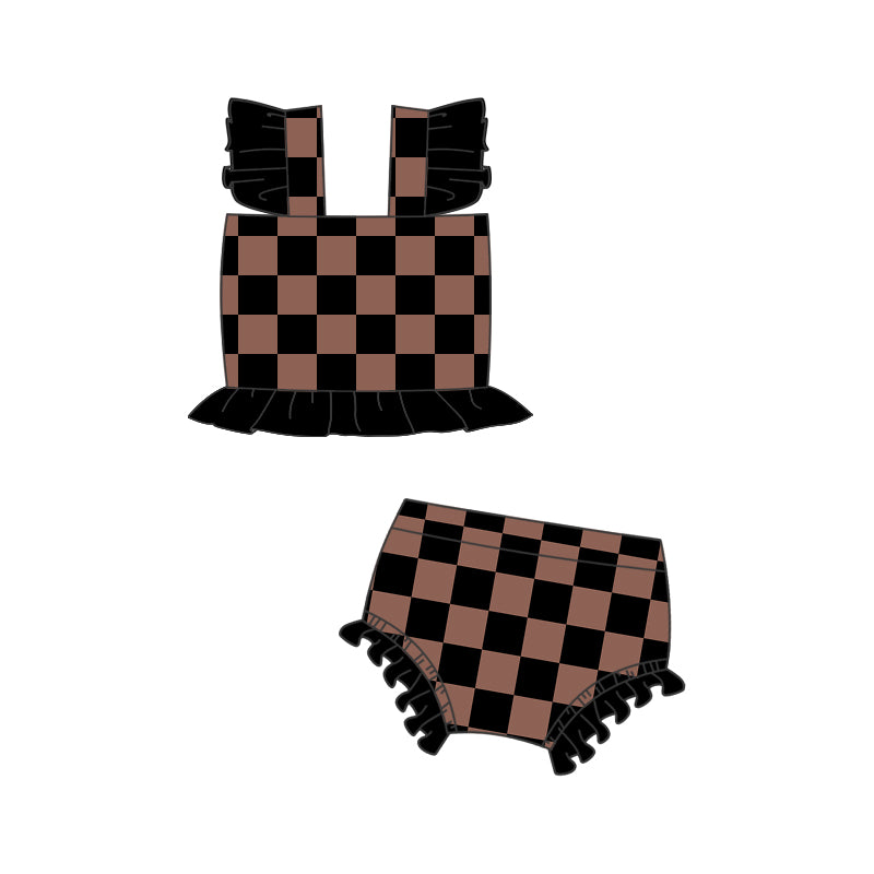 presale S0496 Baby Girls Brown Checkered Western Bummie 2pcs Swimsuits 2025.1.8