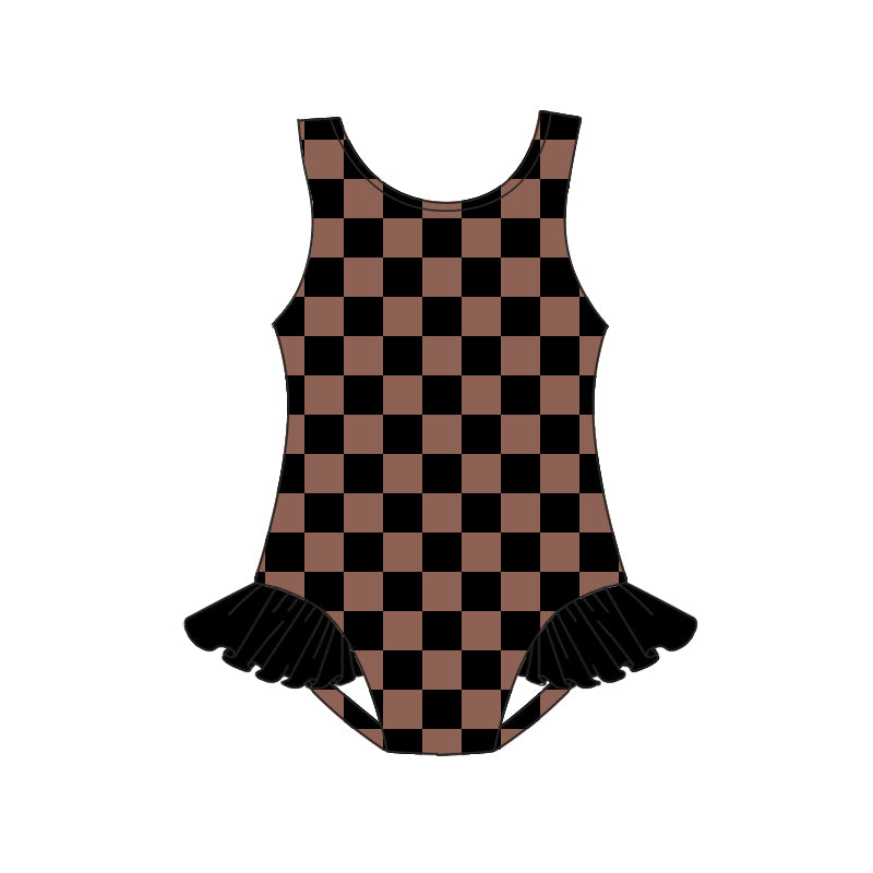 presale S0501 Baby Girls Brown Checkered Western One Piece Swimsuits 2025.1.8