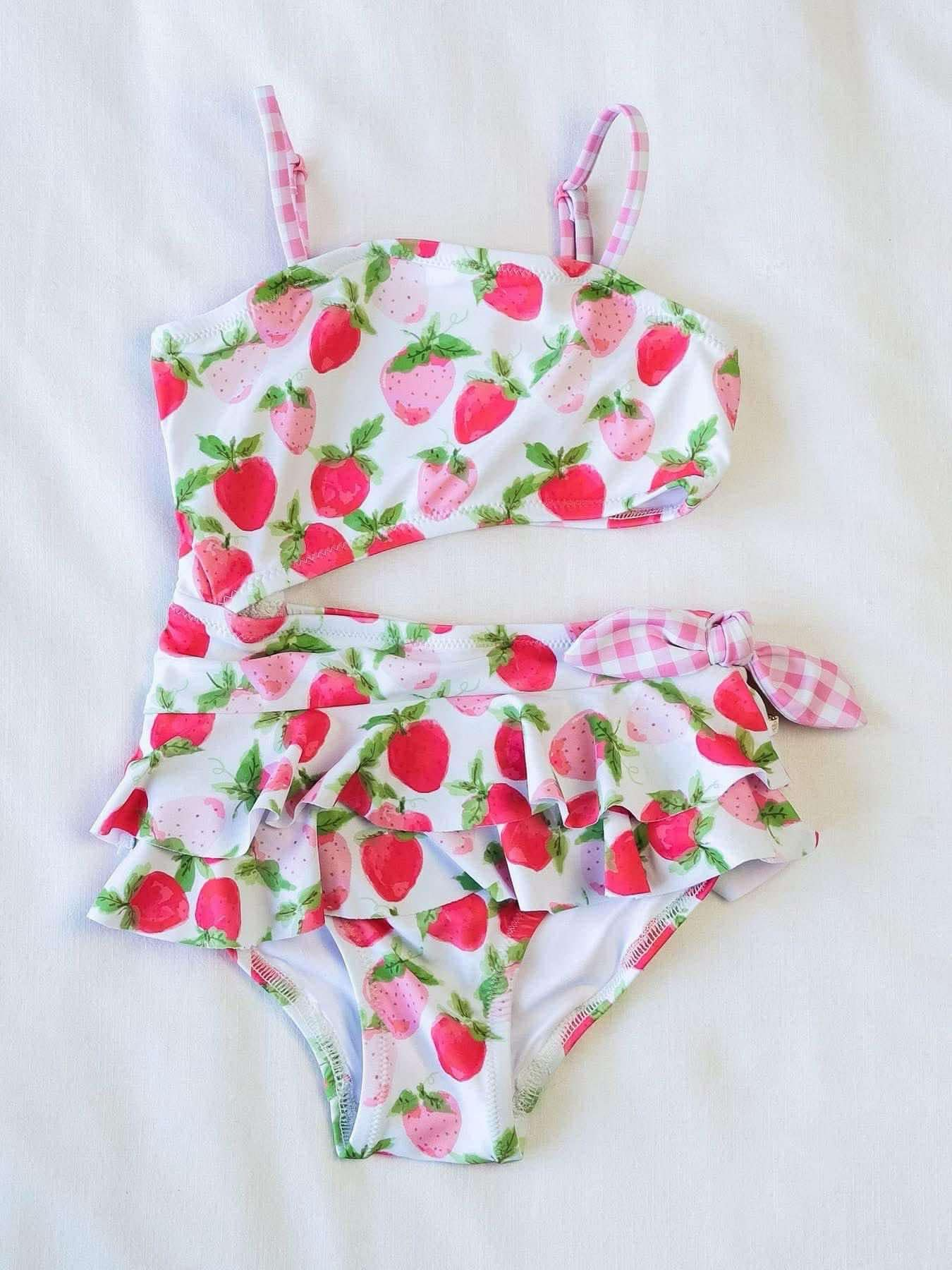 presale S0526 Baby Girls Strawberry Ruffle One Piece Swimsuits D 2.10