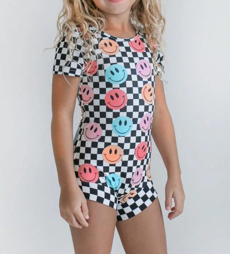 presale S0534 Baby Girls Black Checkered Smile One Piece Swimsuits 2025 2.17