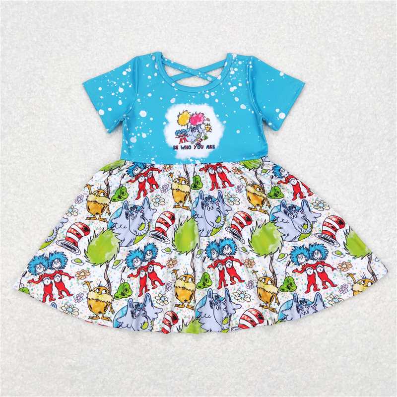 SD0495 Cartoon Elephant Blue and White Short Sleeve Dress