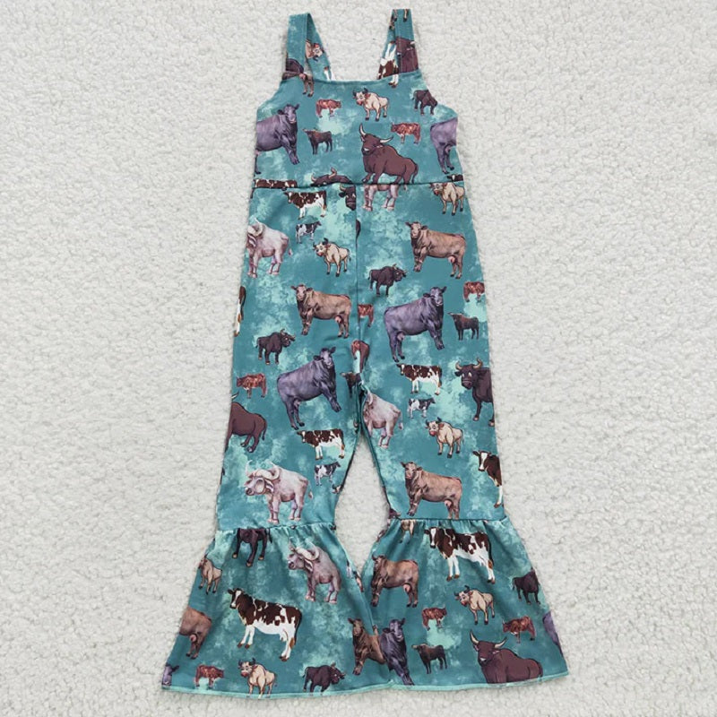 Sibling Baby Girls Western Cow Turquoise Bell Bottom Jumpsuits D 7.22