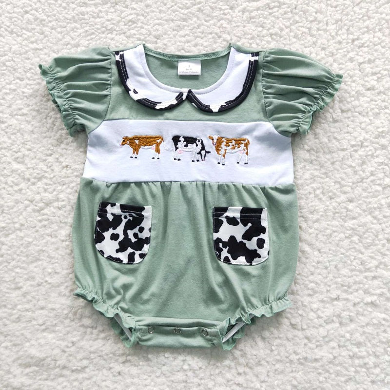 SR0373 Baby Girls Embroidered Cow Green Pocket Short Sleeve Bodysuit D 4.24
