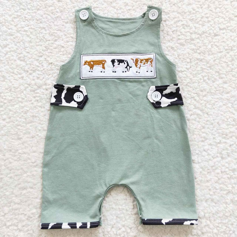 SR0374 Boys Embroidered Cow Green Sleeveless Onesie Romper