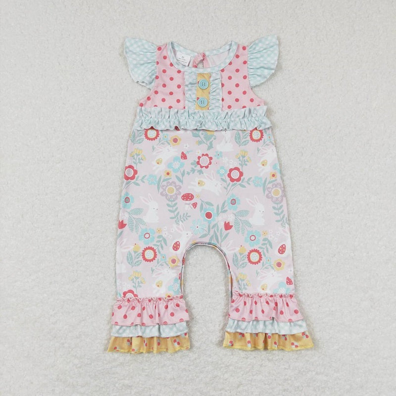 SR0466 Flower Bunny Polka Dot Yellow Lace Short Sleeve Jumpsuit