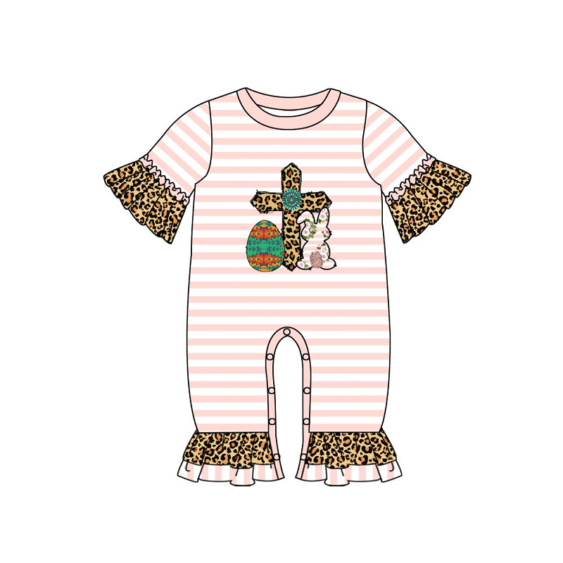 (presale) SR0539 Easter Egg Bunny Pink Striped Leopard Print Short Sleeve Jumpsuit