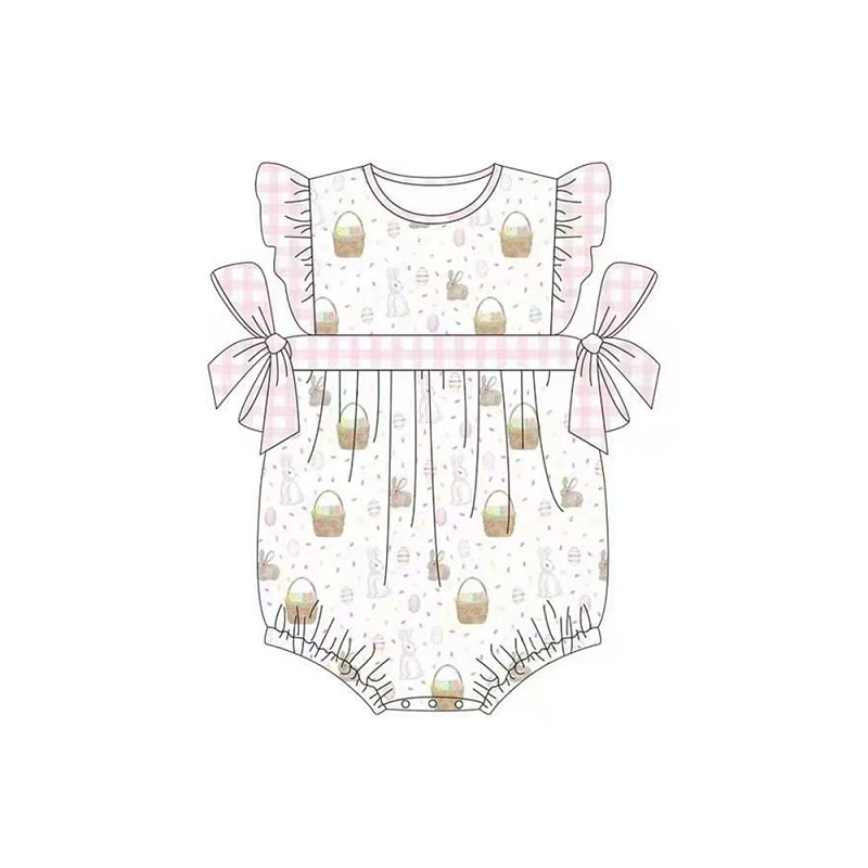 (presale) SR0551 Egg Basket Rabbit Pink and White Plaid Bow Flying Sleeve Jumpsuit