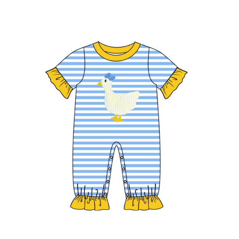 (presale)SR0558 Bow white goose blue and white striped yellow lace short-sleeved jumpsuit