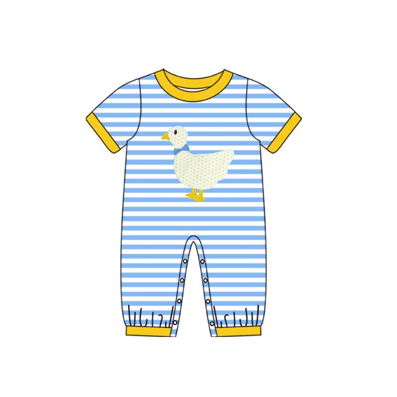 (presale)SR0559 Bow tie white goose blue and white striped yellow trim short-sleeved jumpsuit