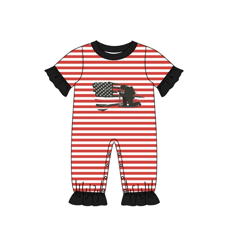 (presale)SR0566 Flag Firefighter Red and White Striped Lace Short Sleeve Jumpsuit