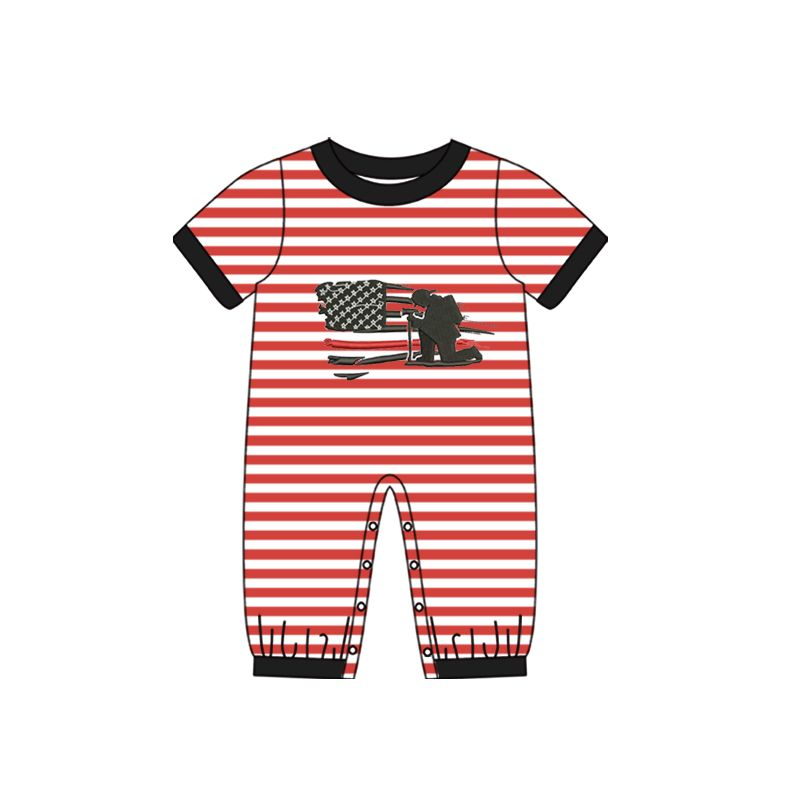 (presale)SR0567 Flag Firefighter Red and White Striped Short Sleeve Jumpsuit