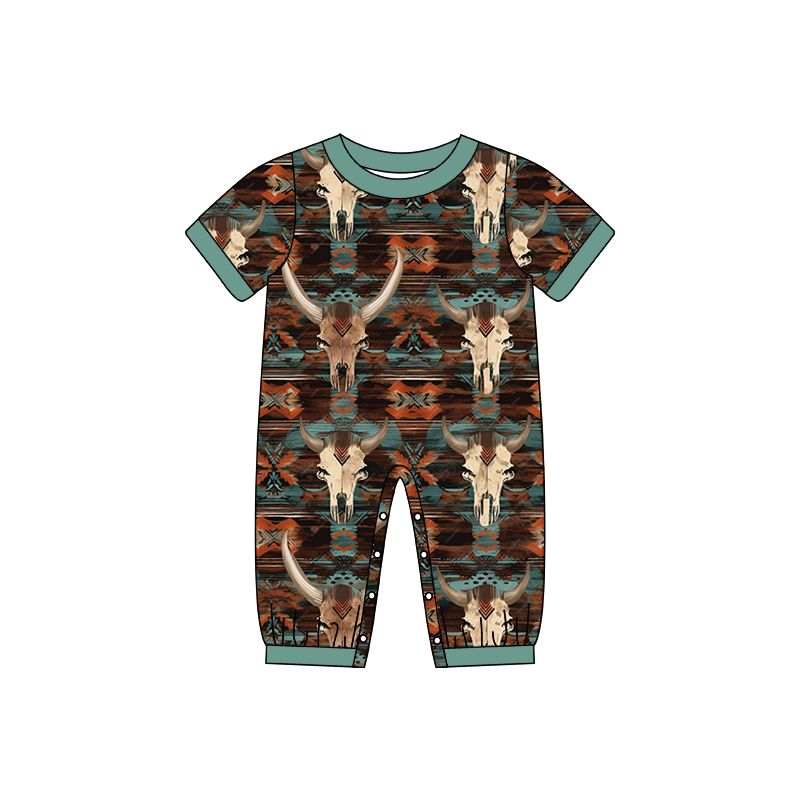 (presale)SR0568 Alpine Cow Head Geometric Turquoise Trim Short Sleeve Jumpsuit