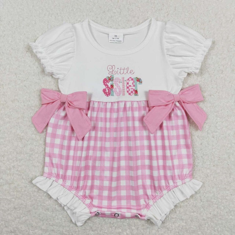 SR0588 little sister letter white lace pink plaid short-sleeved jumpsuit
