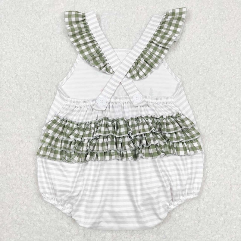 SR0658 Puppy striped green plaid lace vest bodysuit
