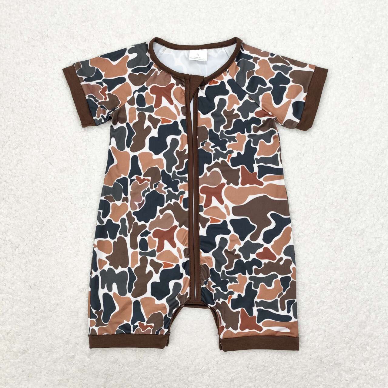 SR0666 Brown and Green Camouflage Zipper Short Sleeve Bodysuit